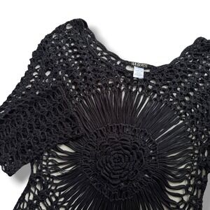 LA CLASS Sz L Black Rose Medallion Open Crochet Knit Beach Coverup Festival Boho